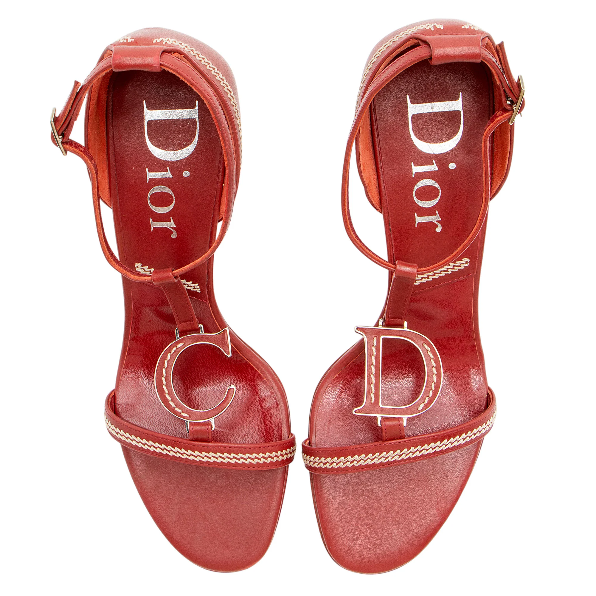Dior Leather Stitched CD T-Strap Sandals - Size 8 / 38 - Image 4